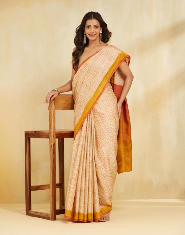 Orange Silk Hand Block Printed Sari
