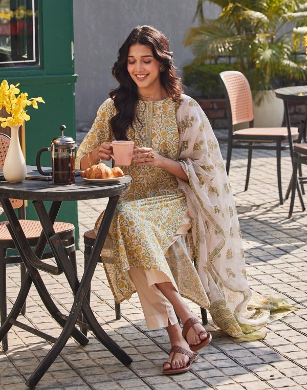 Avni Yellow Cotton Printed Pant, Dupatta & Kurta Set