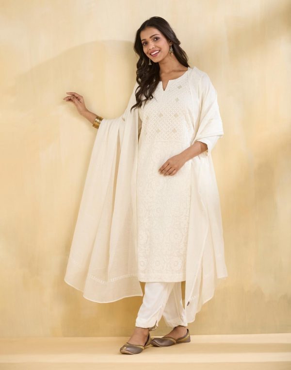 Natural Cotton Silk Chikankari Three Piece