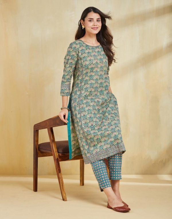 Green Cotton Hand Block Printed Slim Fit Two Piece