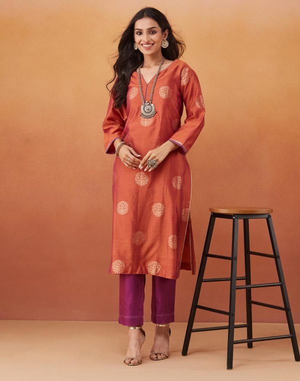 Orange Cotton Silk Blend Woven Pant & Kurta